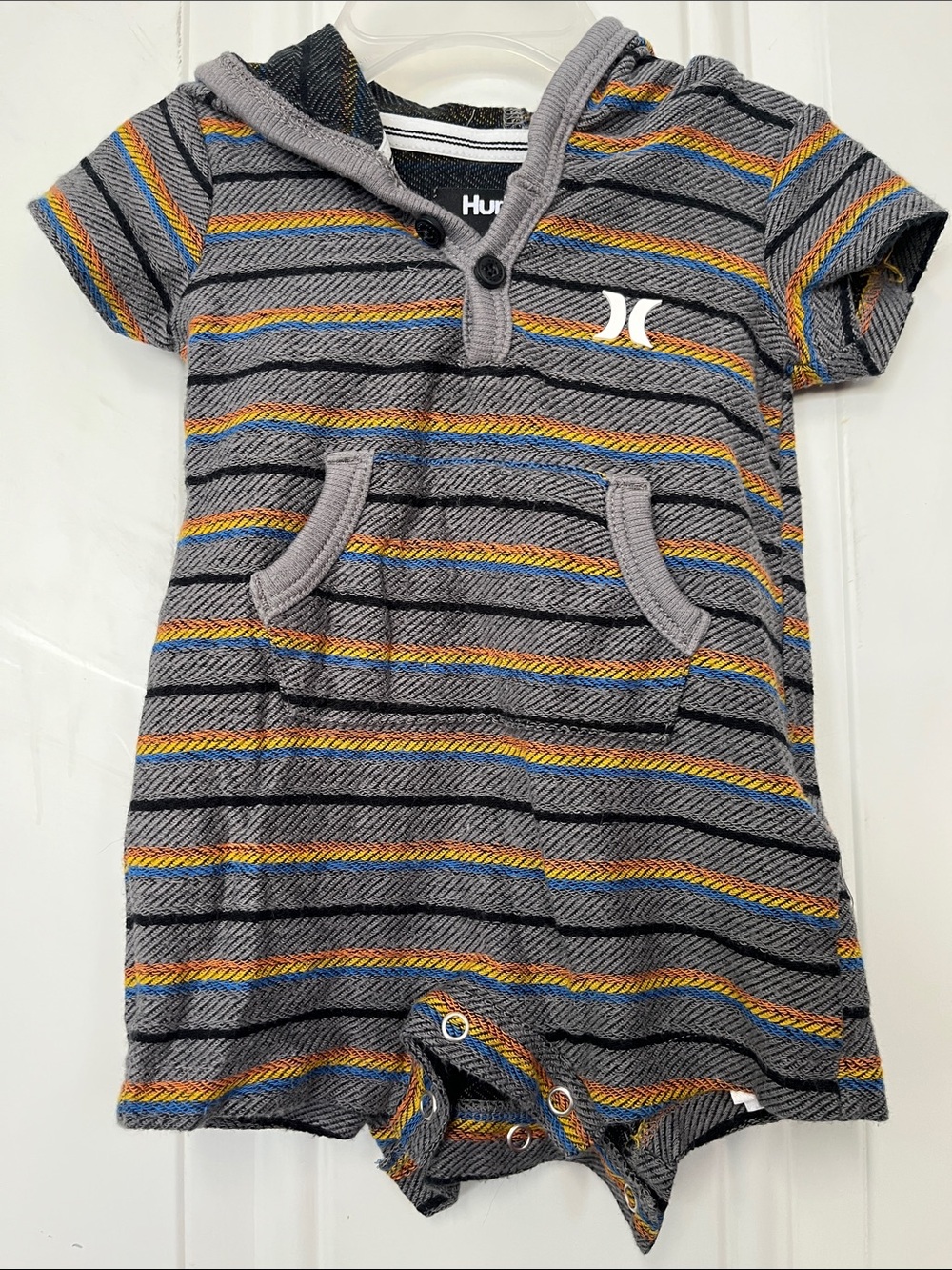 Hurley Gray Hooded Striped Romper with Multicolor Accents